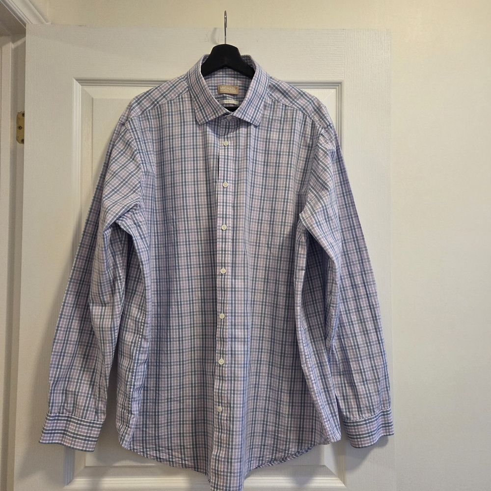 Michael Kors Men’s Pink & Blue Plaid Button-Down Shirt – Size 18.5 Neck